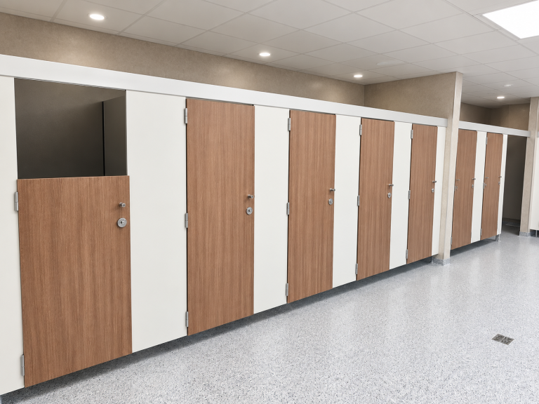 Rij toiletcabines met fronten in houtlook en wit